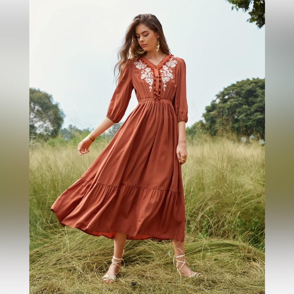 Shein Boho Burnt Orange Pom Pom Midi Dress